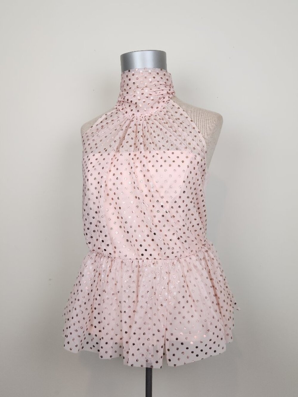 Venus Size M Pink Sheer Mesh Rose Gold Polka Dot Ruffle Hem Halter Top